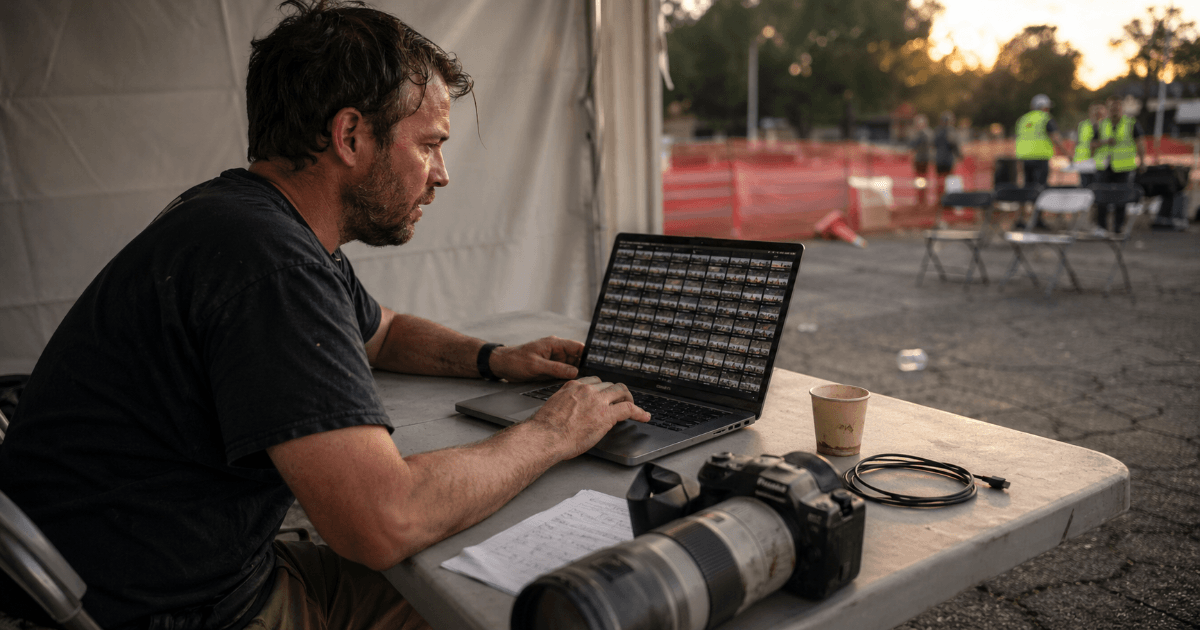 Editorial illustration of endurance event photography workflows for triathlon, HYROX, and road races