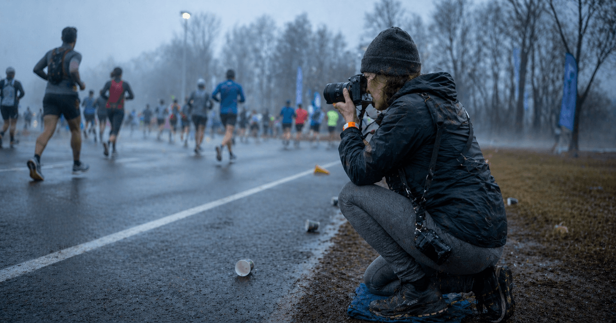 A pro photographer at a race, framing a group of runners with hills in the background
