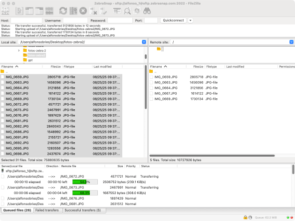 Filezilla connected to the ZebraSnap SFTP server